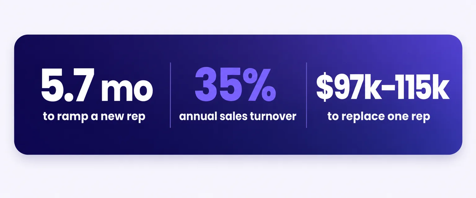 About 5.7 months to ramp a new rep, 35% annual sales turnover, and 97,000 to 115,000 dollars to replace one rep.
